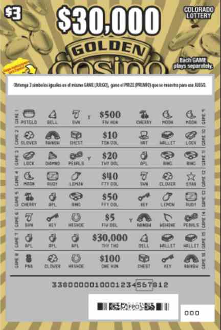 $30,000 Golden Casino scratchcard - game number #338 - front-scratched