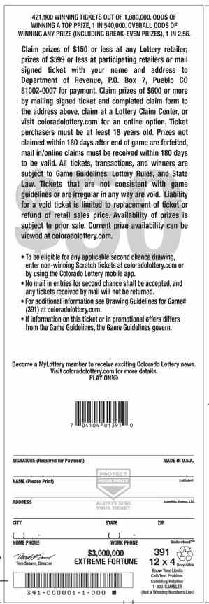 $3,000,000 Extreme Fortune scratchcard - game number #2912 - back