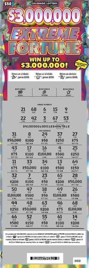 $3,000,000 Extreme Fortune scratchcard - game number #2912 - front-scratched