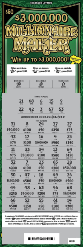 $3,000,000 Millionaire Maker scratchcard - game number #380 - front-scratched