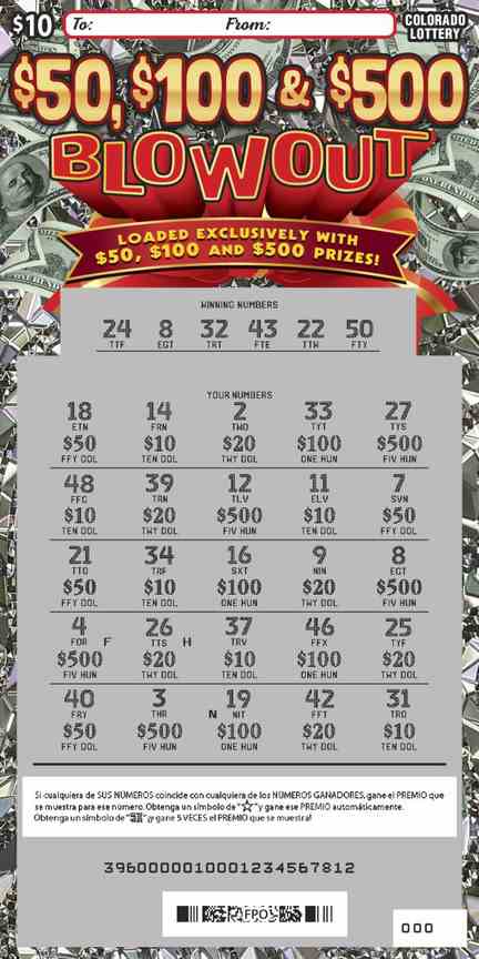 $50, $100 & $500 Blowout scratchcard - game number #2898 - front-scratched