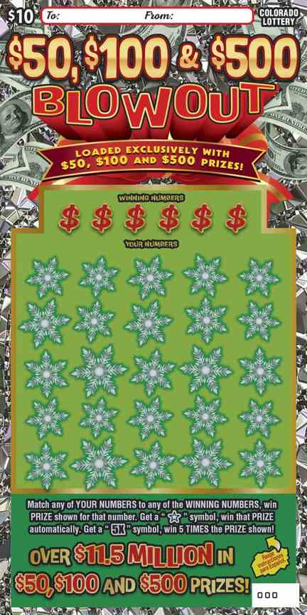 $50, $100 & $500 Blowout scratchcard - game number #2898 - front