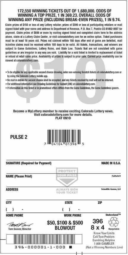 $50, $100 & $500 Blowout scratchcard - game number #2910 - back