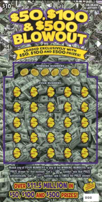 $50, $100 & $500 Blowout scratchcard - game number #2910 - front