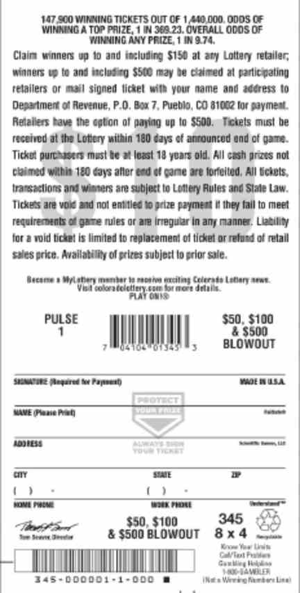 $50, $100 & $500 Blowout scratchcard - game number #345 - back