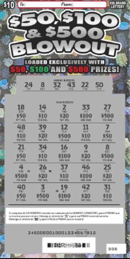 $50, $100 & $500 Blowout scratchcard - game number #345 - front-scratched