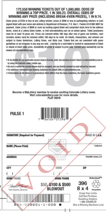 $50, $100 & $500 Blowout scratchcard - game number #396 - back