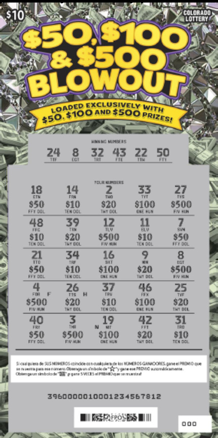 $50, $100 & $500 Blowout scratchcard - game number #396 - front-scratched