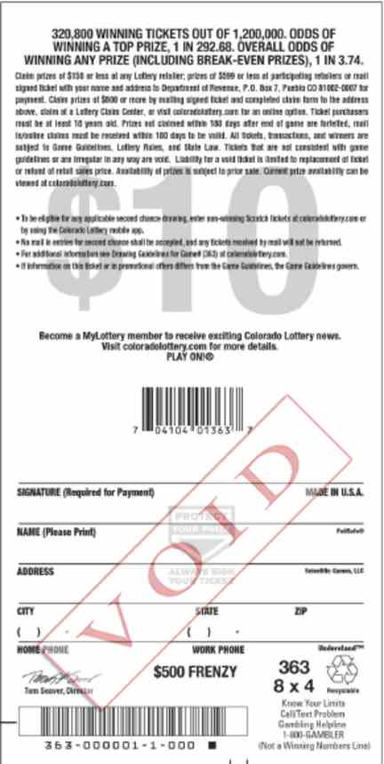 $500 Frenzy scratchcard - game number #2868 - back