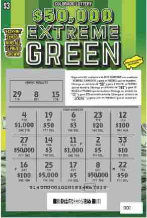 $50,000 Extreme Green scratchcard - game number #314 - front-scratched