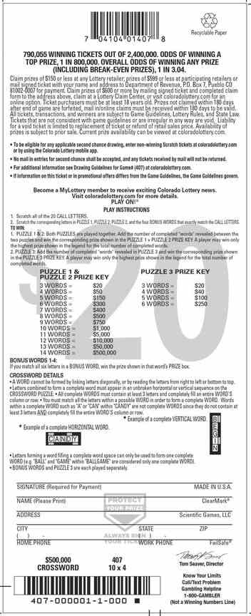 $500,000 Crossword scratchcard - game number #2917 - back