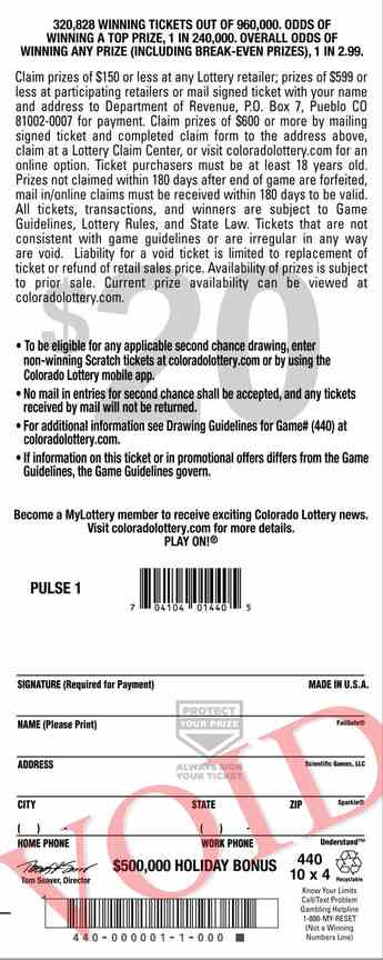 $500,000 Holiday Bonus scratchcard - game number #2948 - back
