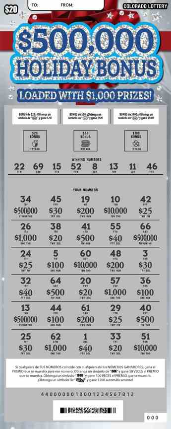 $500,000 Holiday Bonus scratchcard - game number #2948 - front-scratched