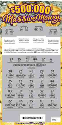 $500,000 Ma$$ive Money scratchcard - game number #210 - front-scratched