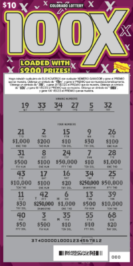 100X scratchcard - game number #374 - front-scratched