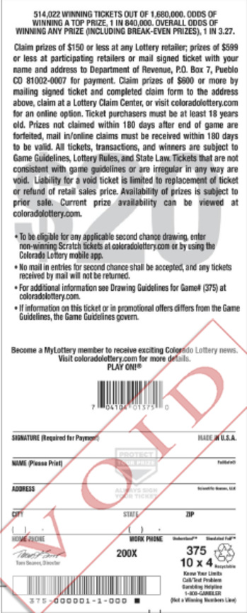 200X scratchcard - game number #375 - back