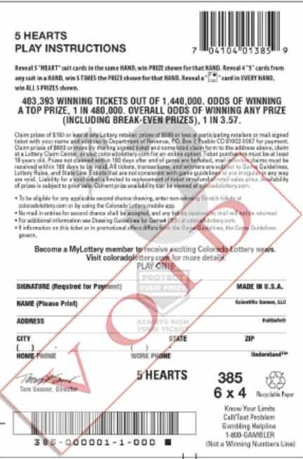 5 Hearts scratchcard - game number #2889 - back