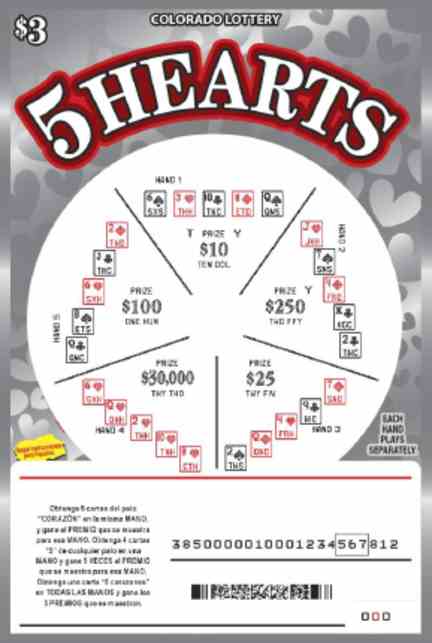5 Hearts scratchcard - game number #385 - front-scratched