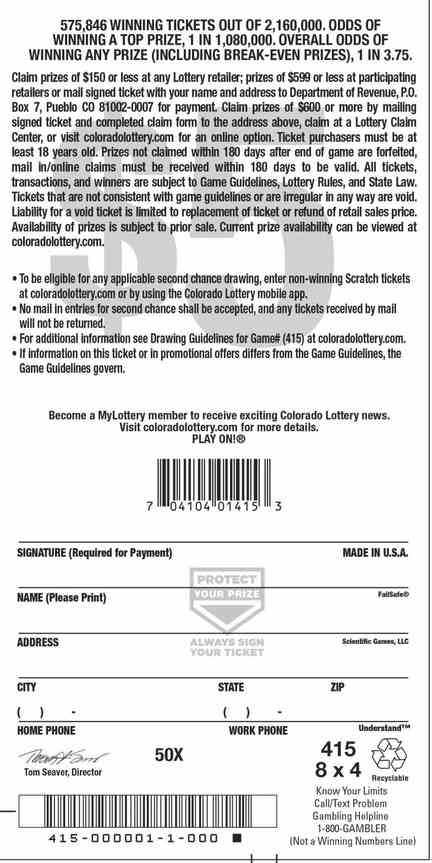 50X scratchcard - game number #2922 - back