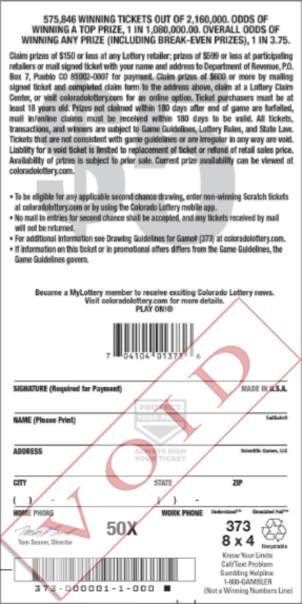 50X scratchcard - game number #373 - back
