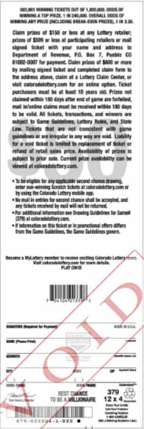 Best Chance To Be A Millionaire scratchcard - game number #2885 - back