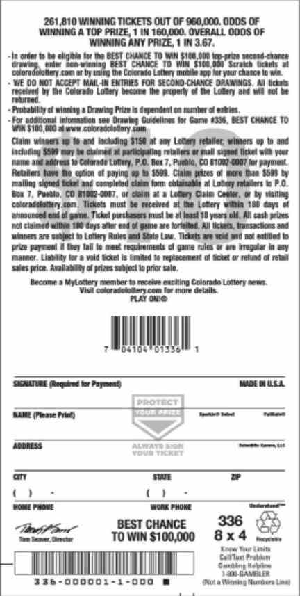 Best Chance To Win $100,000 scratchcard - game number #2838 - back