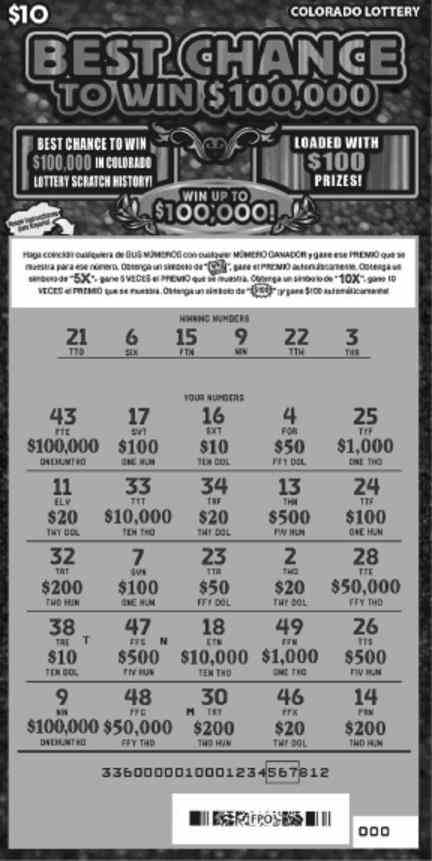 Best Chance To Win $100,000 scratchcard - game number #2838 - front-scratched