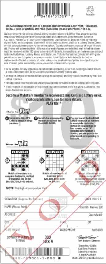 Bonus Multiplier Bingo scratchcard - game number #2893 - back