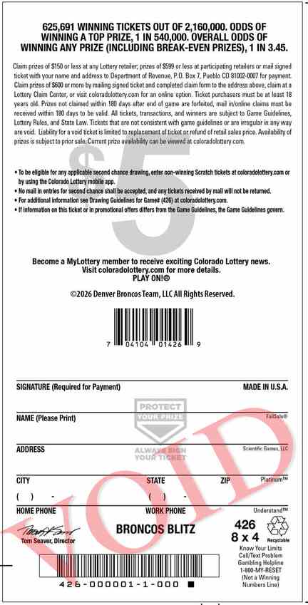 Broncos Blitz scratchcard - game number #2934 - back