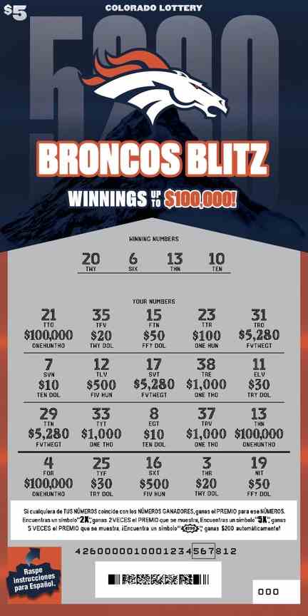 Broncos Blitz scratchcard - game number #2934 - front-scratched