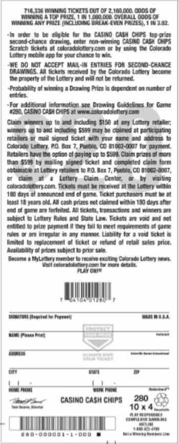 Casino Ca$H Chips scratchcard - game number #2775 - back