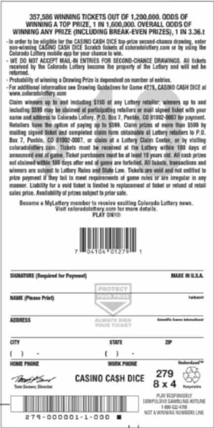 Casino Ca$H Dice scratchcard - game number #2774 - back