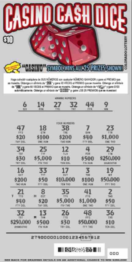 Casino Ca$H Dice scratchcard - game number #2774 - front-scratched
