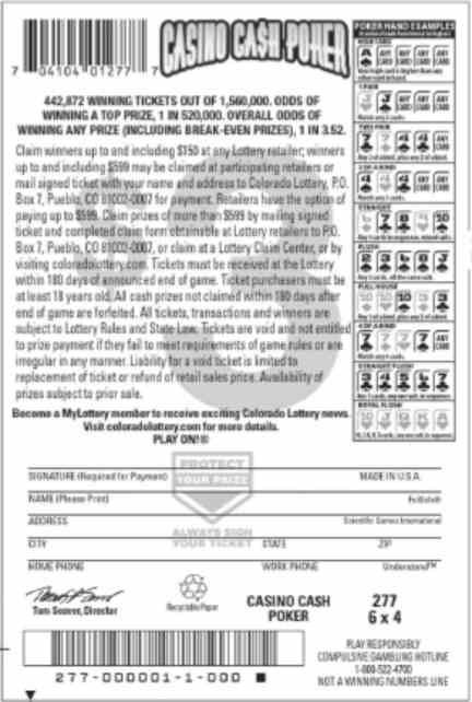 Casino Ca$H Poker scratchcard - game number #2772 - back