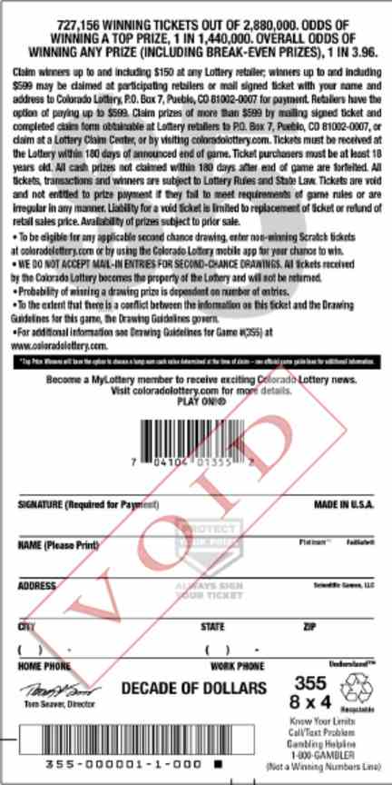 Decade Of Dollars scratchcard - game number #2862 - back