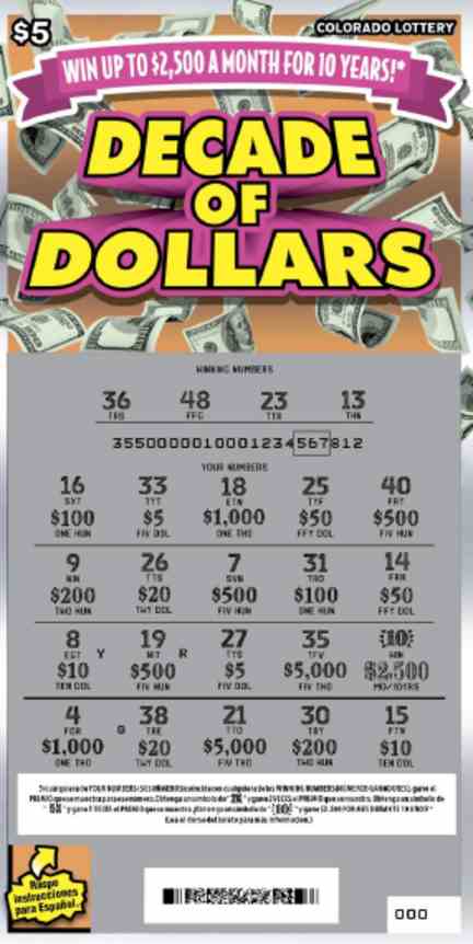 Decade Of Dollars scratchcard - game number #2862 - front-scratched