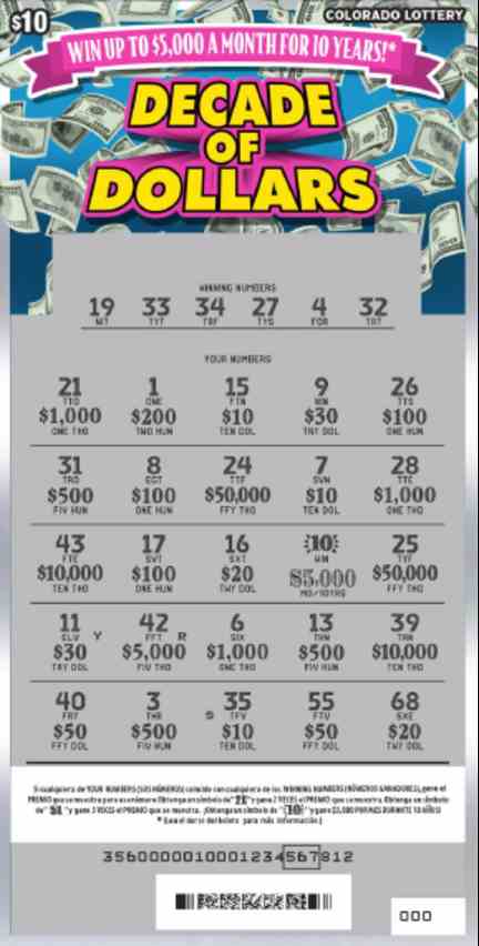Decade Of Dollars scratchcard - game number #2863 - front-scratched