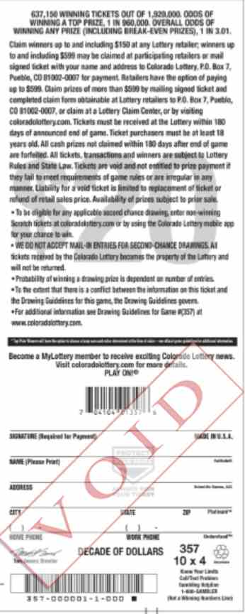 Decade Of Dollars scratchcard - game number #2864 - back