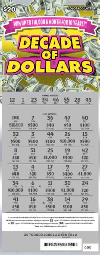 Decade Of Dollars scratchcard - game number #2864 - front-scratched