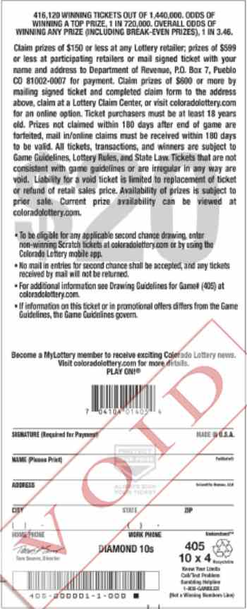 Diamond 10S scratchcard - game number #405 - back