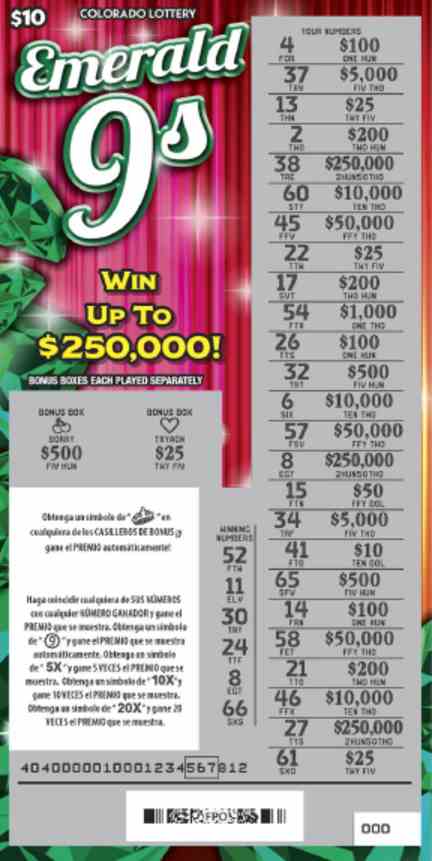 Emerald 9S scratchcard - game number #2908 - front-scratched