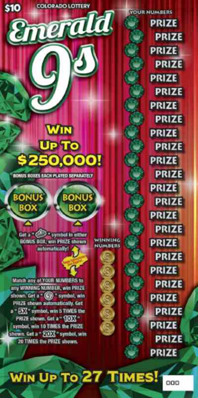 Emerald 9S scratchcard - game number #404 - front