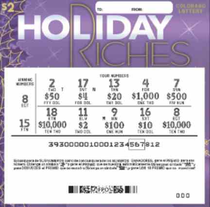 Holiday Riches scratchcard - game number #393 - front-scratched