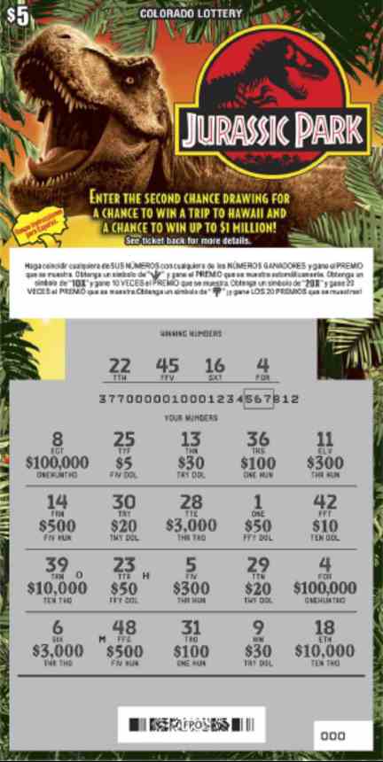 Jurassic Park scratchcard - game number #377 - front-scratched
