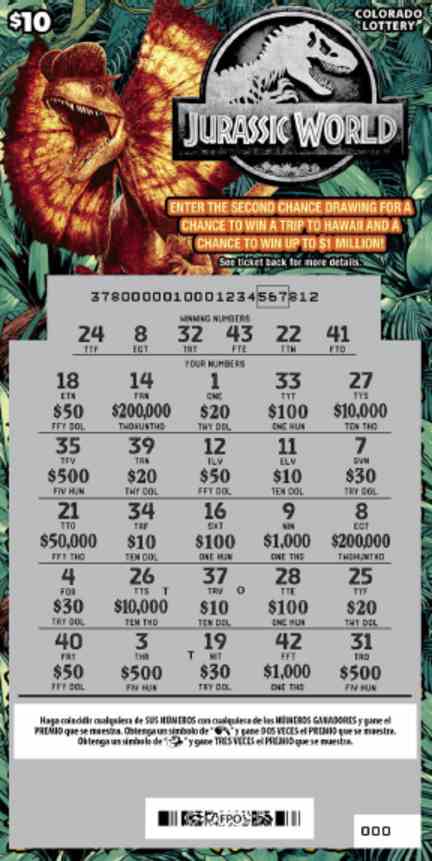 Jurassic World scratchcard - game number #2882 - front-scratched