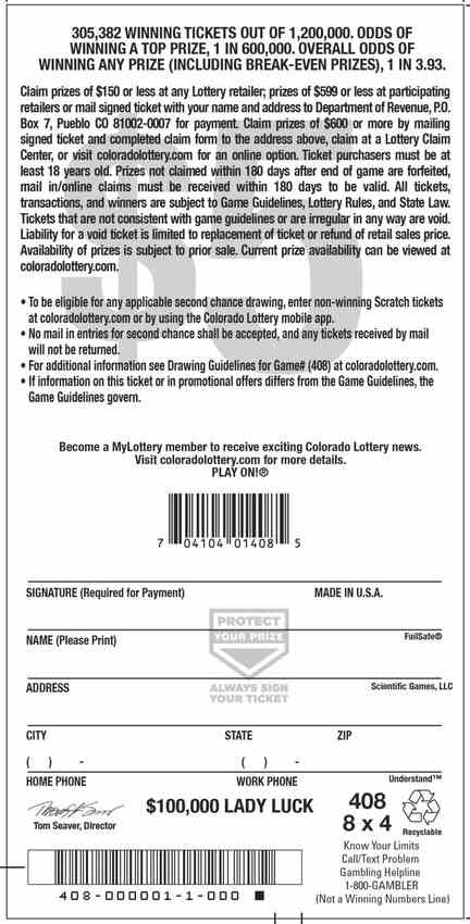 Lady Luck scratchcard - game number #408 - back