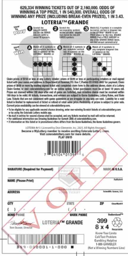 Loteria Grande scratchcard - game number #399 - back