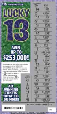 Lucky 13 scratchcard - game number #291 - front-scratched