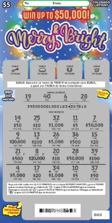 Merry And Bright scratchcard - game number #395 - front-scratched