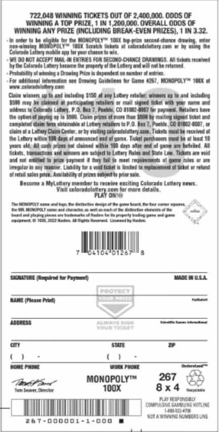 Monopoly 100X scratchcard - game number #2764 - back